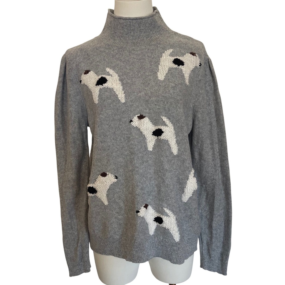Mockneck Knit Sweater Dogs Novelty Print Gray Pleated Shoulders Loft Cotton Wool